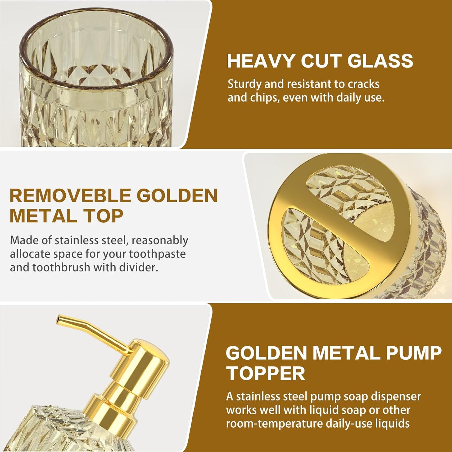 Brown Bathroom Accessory Set 5PCS - Amber Glass Bathroom Accessories with Toothbrush Holder Set, Soap Dispenser, Soap Dish, Tumbler, Cotton Swab Jars, Vintage Bathroom Decor Set Housewarming Gift