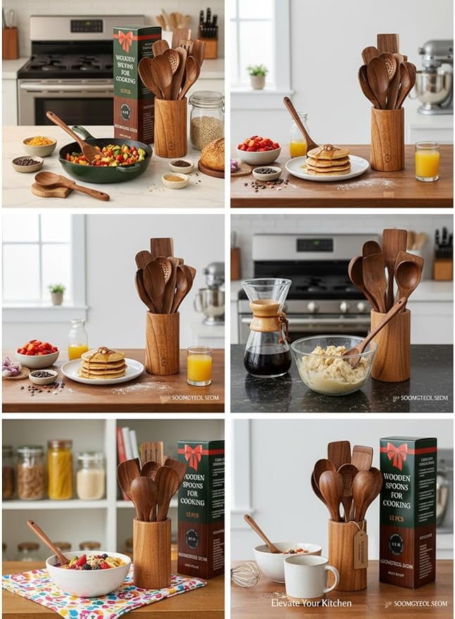 100% Natural Teak Wood Wooden Utensil Set – 12 Pcs Cooking Tools with Large Spoon Holder & Rest – Non-Stick, Heat Resistant, Durable, Food-Safe & Eco-Friendly Kitchen Gadgets