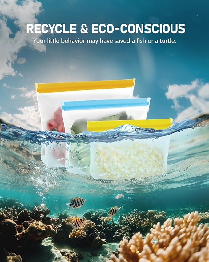 IDEATECH 8Pack Gallon Bags Dishwasher Safe, Leakproof Reusable Gallon Freezer Bags, BPA Free Reusable Gallon Bags, Food Storage Bags Silicone for Meats, Sandwich, Travel (8Gallon, Colored)