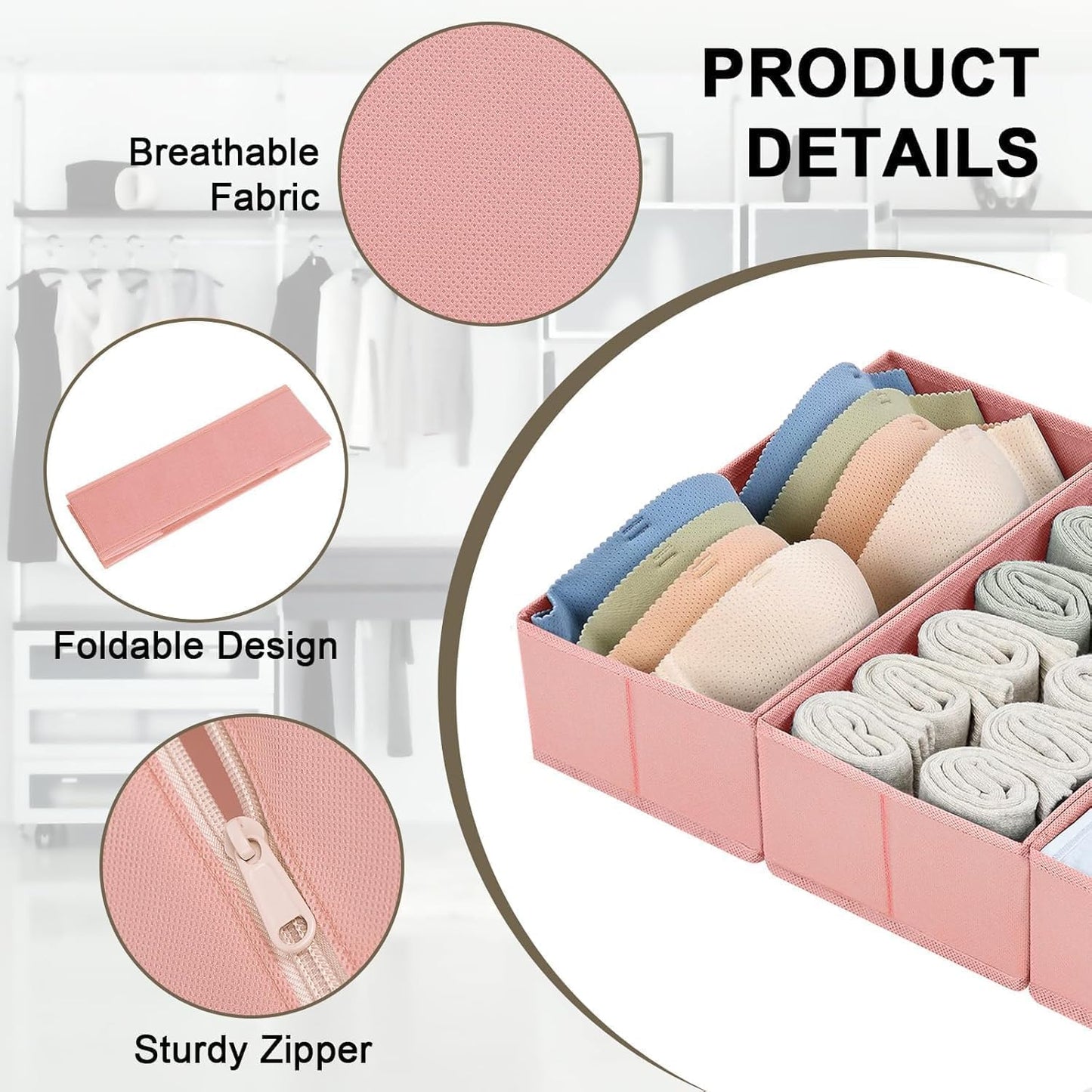 DIMJ Drawer Organizers - Set of 12 Fabric Closet Organizers and Storage, Drawer Dividers for Baby Clothes, Socks, Belt, Tie (Pink)