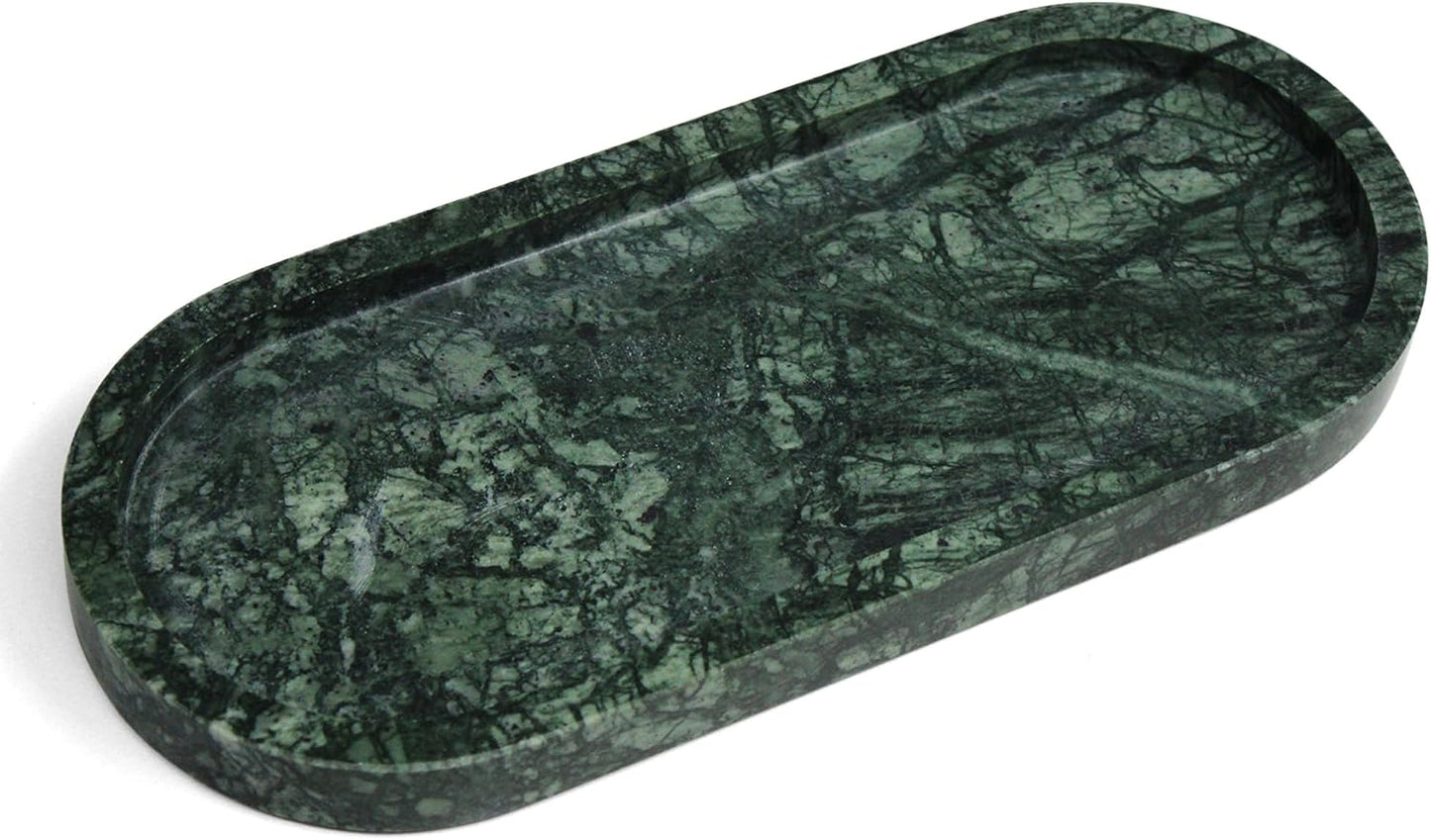 100% Natural Marble Vanity Tray for Bathroom, Luxury Indian Green Decorative Marble Oval Trays for Bathroom Countertop Storage Organizer, Vanity Dresser Kitchen Home Decor, 10.2" x 4.3", Green