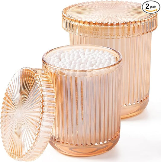 2 Pack Glass Qtip Holder Dispenser Set - Bathroom Organizer for Cotton Swabs, Balls, Pads, Floss Picks - Clear Apothecary Jars for Vanity, Makeup Storage, Bathroom Accessories Decor (Amber)