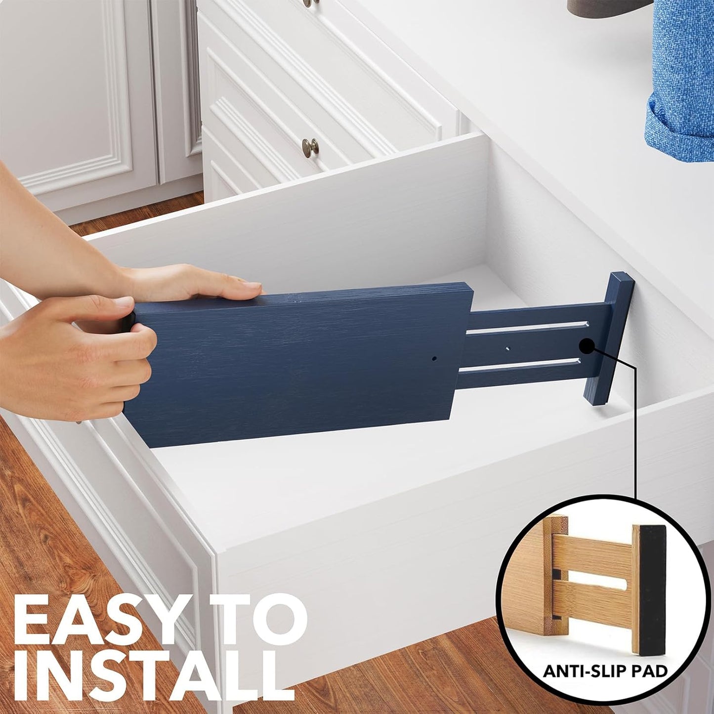 SpaceAid Bamboo 4 Pack Dresser Drawer Dividers, 4.65“ High Adjustable 12.5“-17” Drawer Organizers, Expandable Organization for Clothing, Clothes, Dressers, Navy Blue