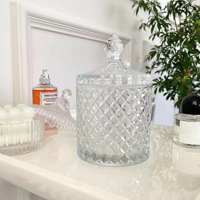 rejomiik Qtip Holder Glass Apothecary Jars with Lid Bathroom Accessories Vanity Organizers and Makeup Storage for Cotton Swabs, Makeup Sponges, Candy, Jewelry, 2 Pack Large Clear