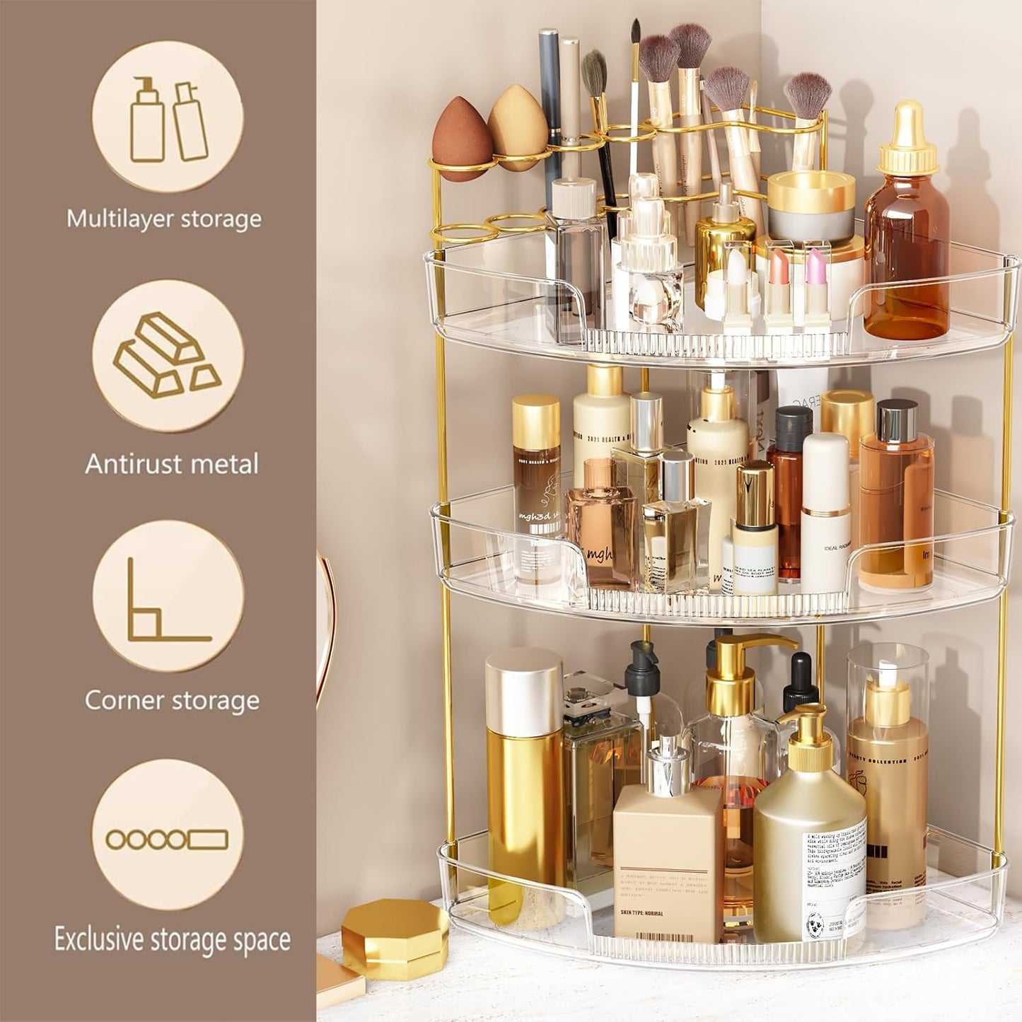FELIZHOUSE 3-Tier Makeup Organizer for Vanity & Bathroom Countertop – Acrylic Storage Shelf with Perfume Tray & Makeup Brush Holder, Tool-Free Installation, Design for Bathroom & Dresser - Clear