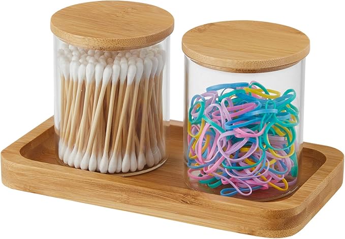 Qtip Holder With Vanity Tray, Glass Apothecary Jars With Lids for Bathroom, Cotton Ball Swab Pad Rounds Holder Canister Jars for Restroom Decorations and Organizer