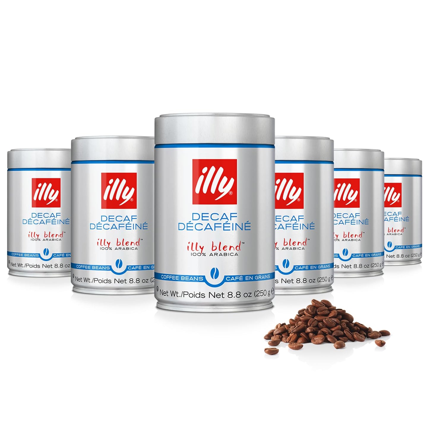 Illy Whole Bean Coffee, Decaffeinated - Medium Roast - Mild & Balanced - 100% Arabica - Whole Beans - Pressurized Packaging Sealed for Freshness - 8.8oz can (Pack of 6)