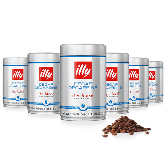 Illy Whole Bean Coffee, Decaffeinated - Medium Roast - Mild & Balanced - 100% Arabica - Whole Beans - Pressurized Packaging Sealed for Freshness - 8.8oz can (Pack of 6)