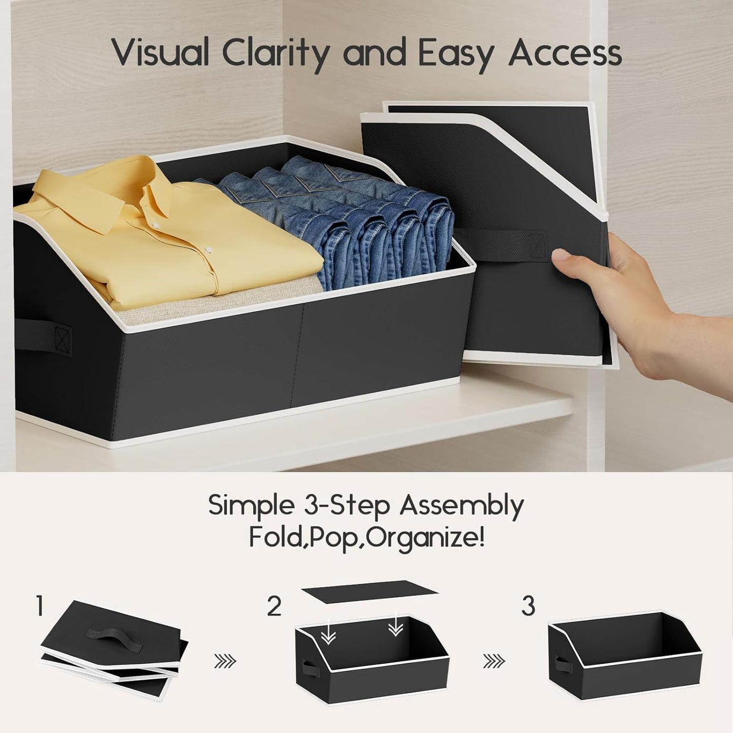 Large Closet Organizers and Storage Bins - 10 Pack Trapezoid Storage Baskets for Shelves, Foldable Fabric Baskets with Handles Ideal for Closet, Basket, Wardrobe and Shelf Storage, Black