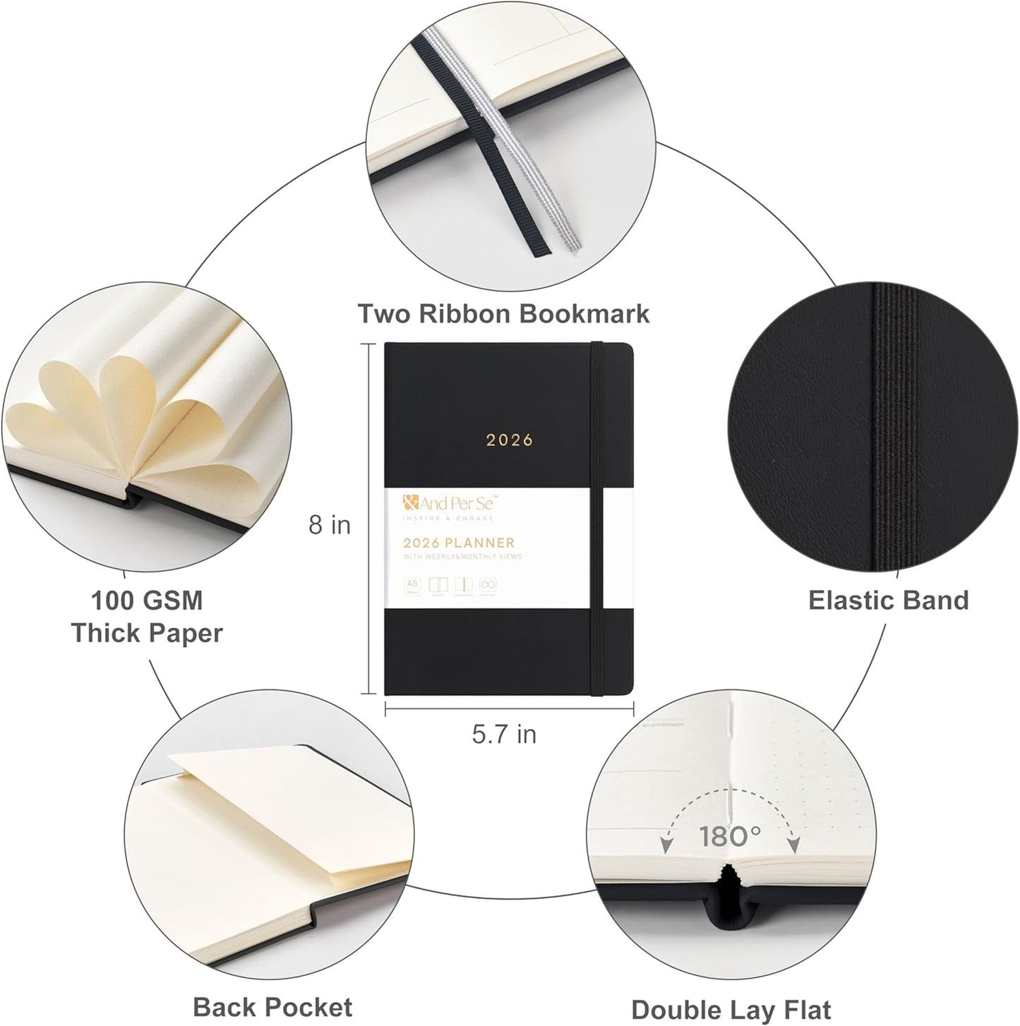 And Per Se 2026 Planner-Daily, Weekly & Monthly Leather Hardcover Planner, 5.7" x 8", Daily Schedule, Monthly Tabs, 100 GSM Thick Paper, Back Pocket (Black)