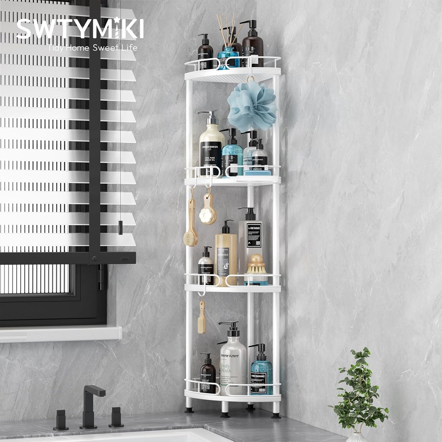 SWTYMIKI Corner Shower Caddy Standing - 4 Tier Stainless Steel Shower Organizer Stand with 4 Hooks & Soap Holder, Rustproof Metal Standing Tall Floor Shower Shelf and Bathroom Organizer, White