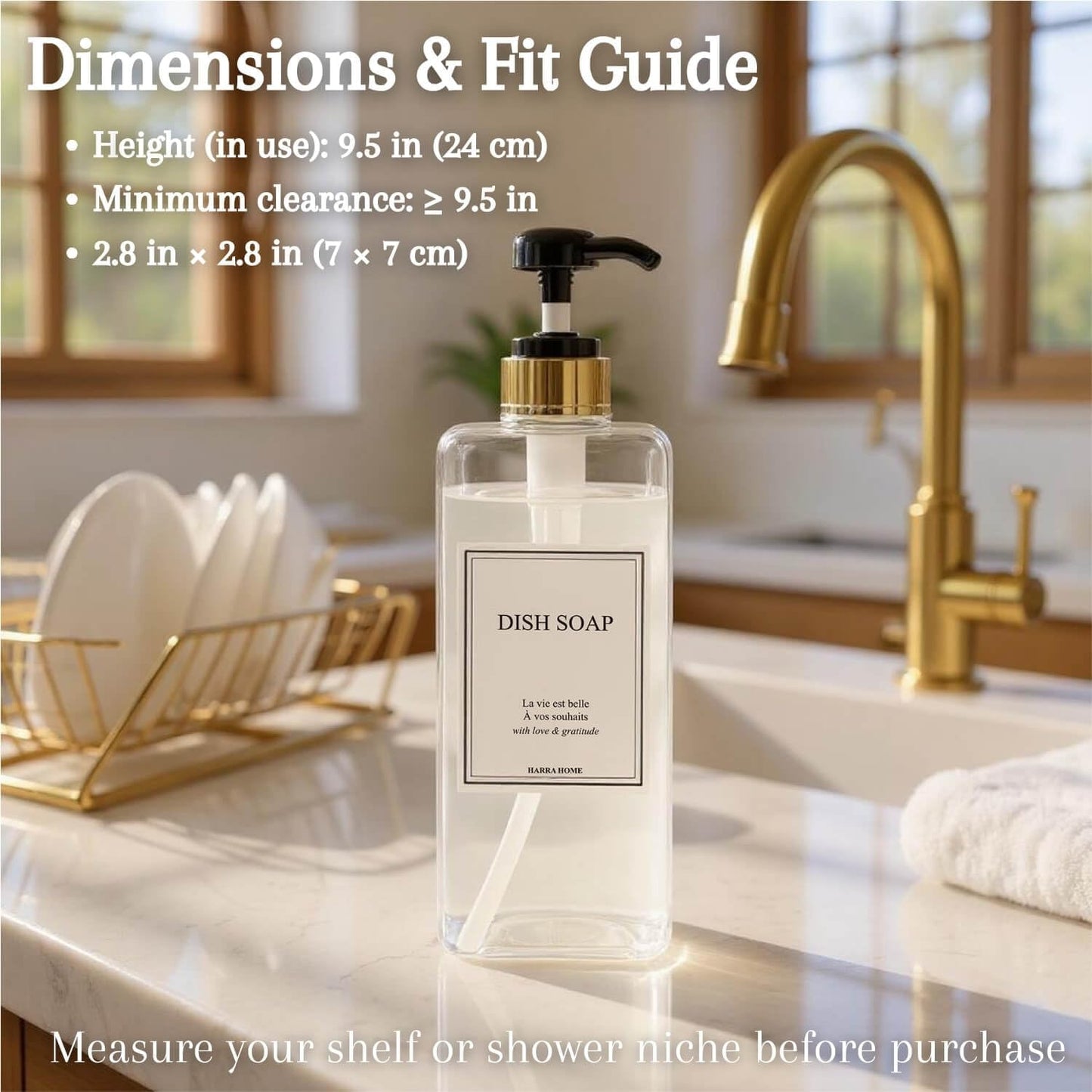 Modern Gold Design Large 27 oz Shampoo and Conditioner Dispensers - Empty Plastic Refillable Pump Bottle Set for Bathroom Shower Soap Dispenser, Gift Box Included, Set of 3 (Clear & Black)