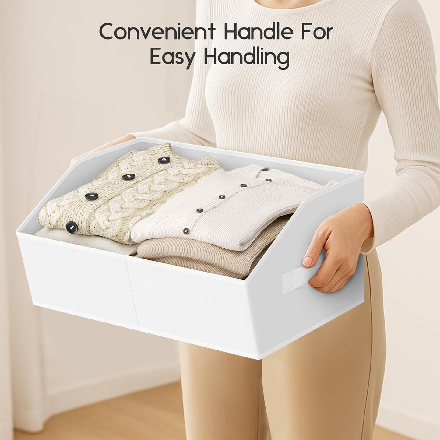 Large Closet Organizers and Storage Bins - 10 Pack Trapezoid Storage Baskets for Shelves, Foldable Fabric Baskets with Handles Ideal for Closet, Basket, Wardrobe and Shelf Storage, White