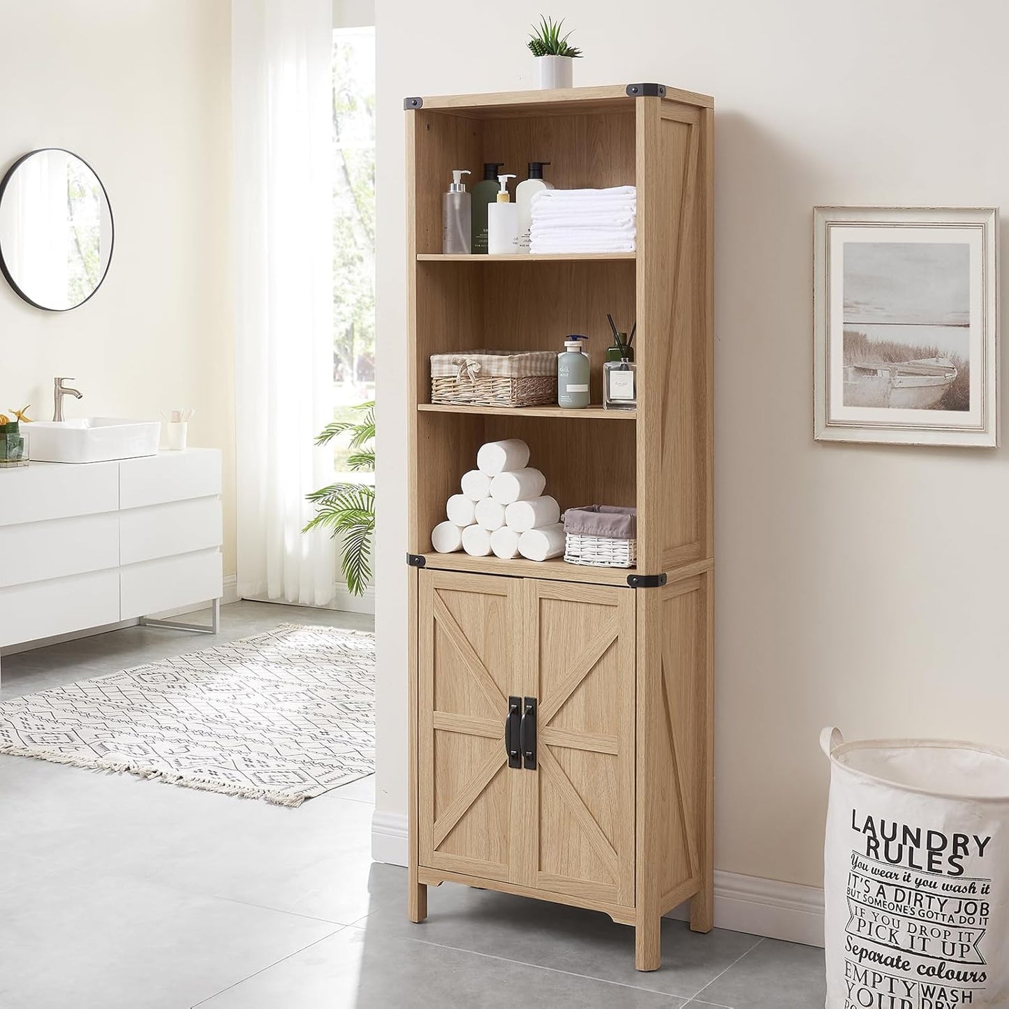 70.87 Tall Storage Cabinet, Farmhouse Storage Cabinet with 2 Barn Doors and Adjustable Shelves, Bathroom Organizer for Living Room, Entryway, Kitchen (Natural Oak)