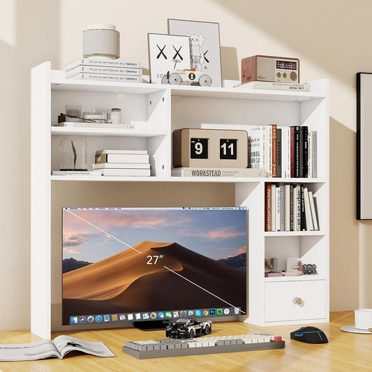 ELECWISH Desktop Bookshelf, Desk Shelf with Drawer for Computer Desk, 35.04" 6-Tier Adjustable Desktop Hutch Organizer for Home Office, White