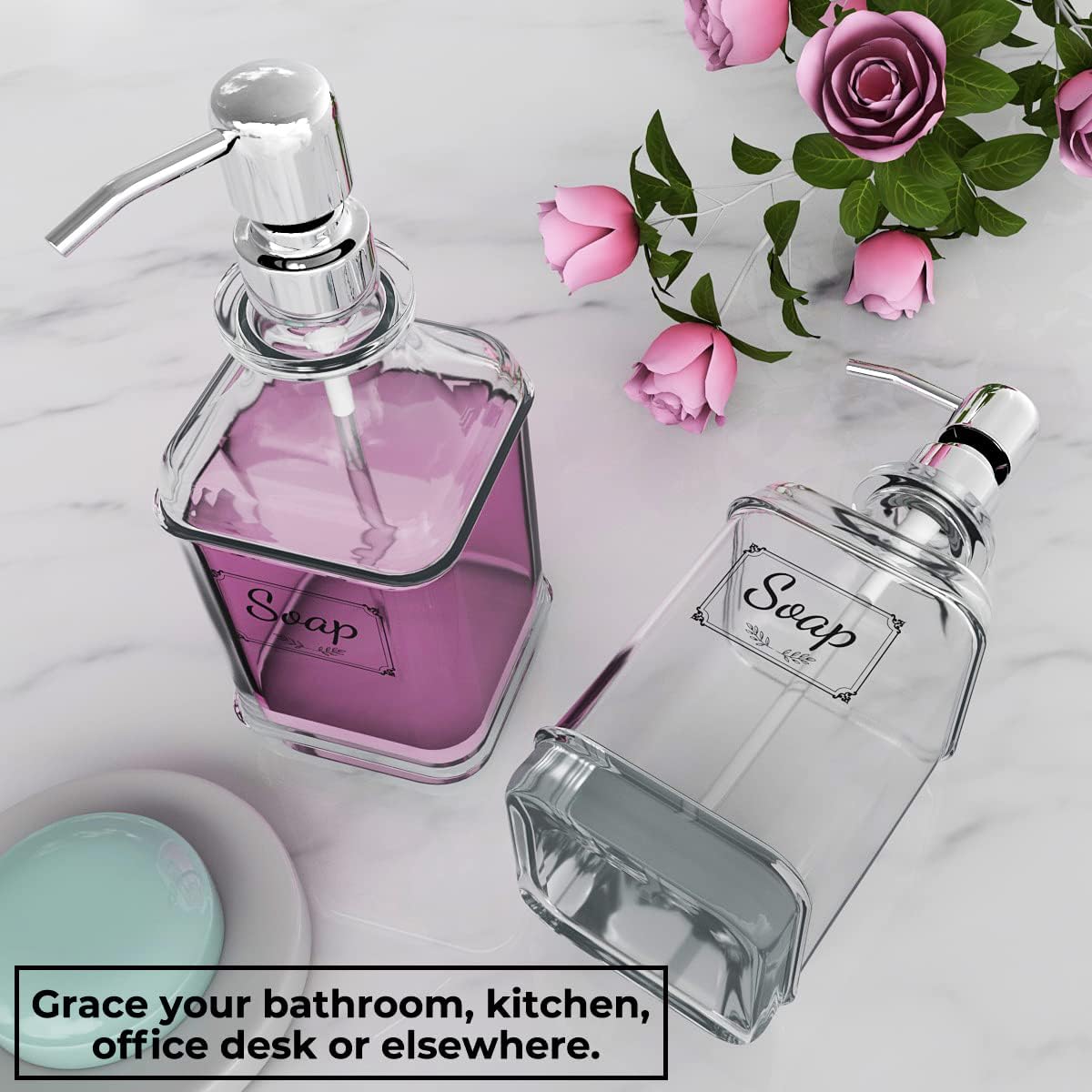 GLADPURE Soap Dispenser - 2 Pack, 18 Oz Antique Design Thick Glass Hand Soap Dispensers; with 304 Rust Proof Stainless Steel Pump, 6Pcs Clear Stickers, for Kitchen, Bathroom - Silver