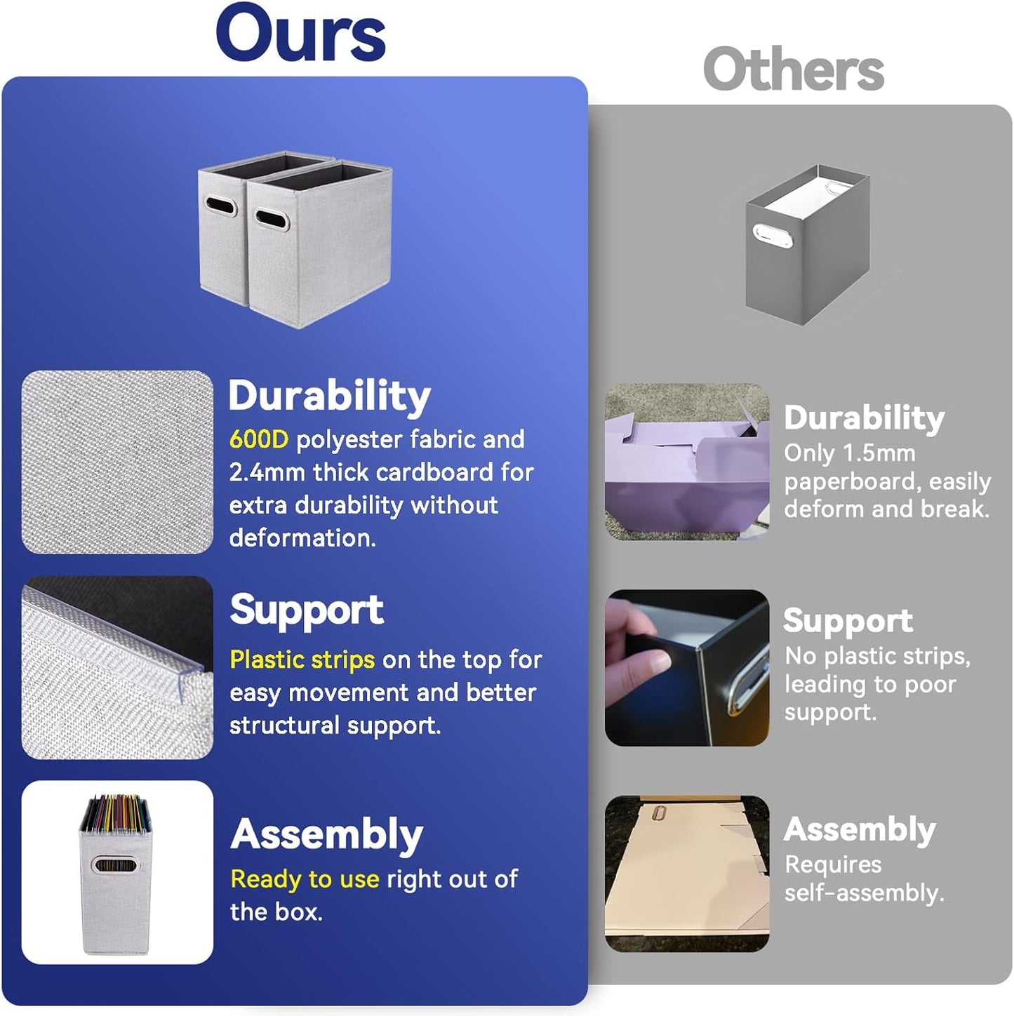 4 Packs Letter Size File Organizer, File Folders Organizer, Fabric Storage Box, Collapsible Paper Organizer with Metal Handle, Smooth PVC Rails, Only Box (Light Gray)