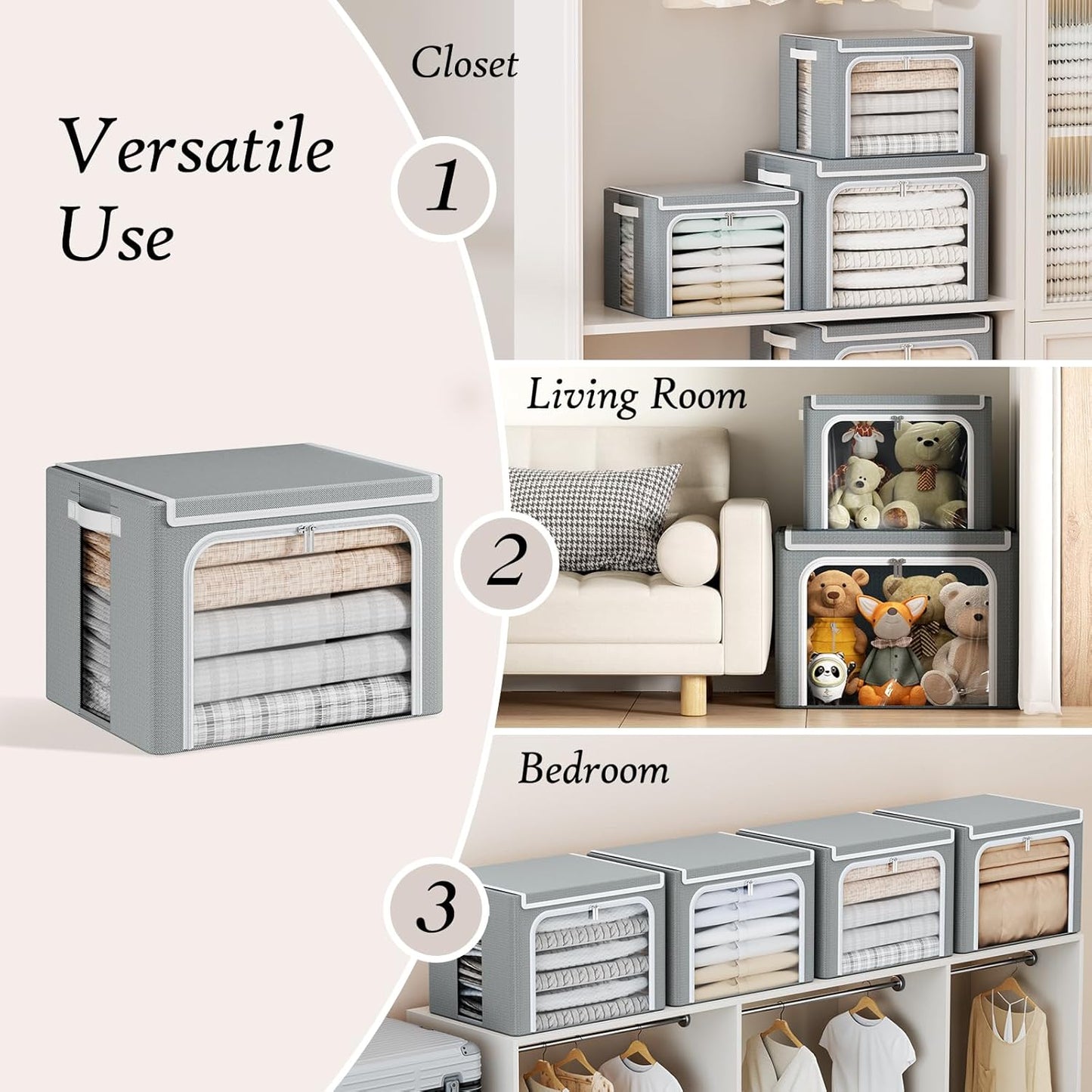 Yecaye Clothes Storage Bins with Metal Frame, Foldable Clothing Storage Bin with Lid, Stackable Oxford Fabric Organizer Box With Clear Window & Zippers & PU Leather Handles (6 Pack,Grey,40L)