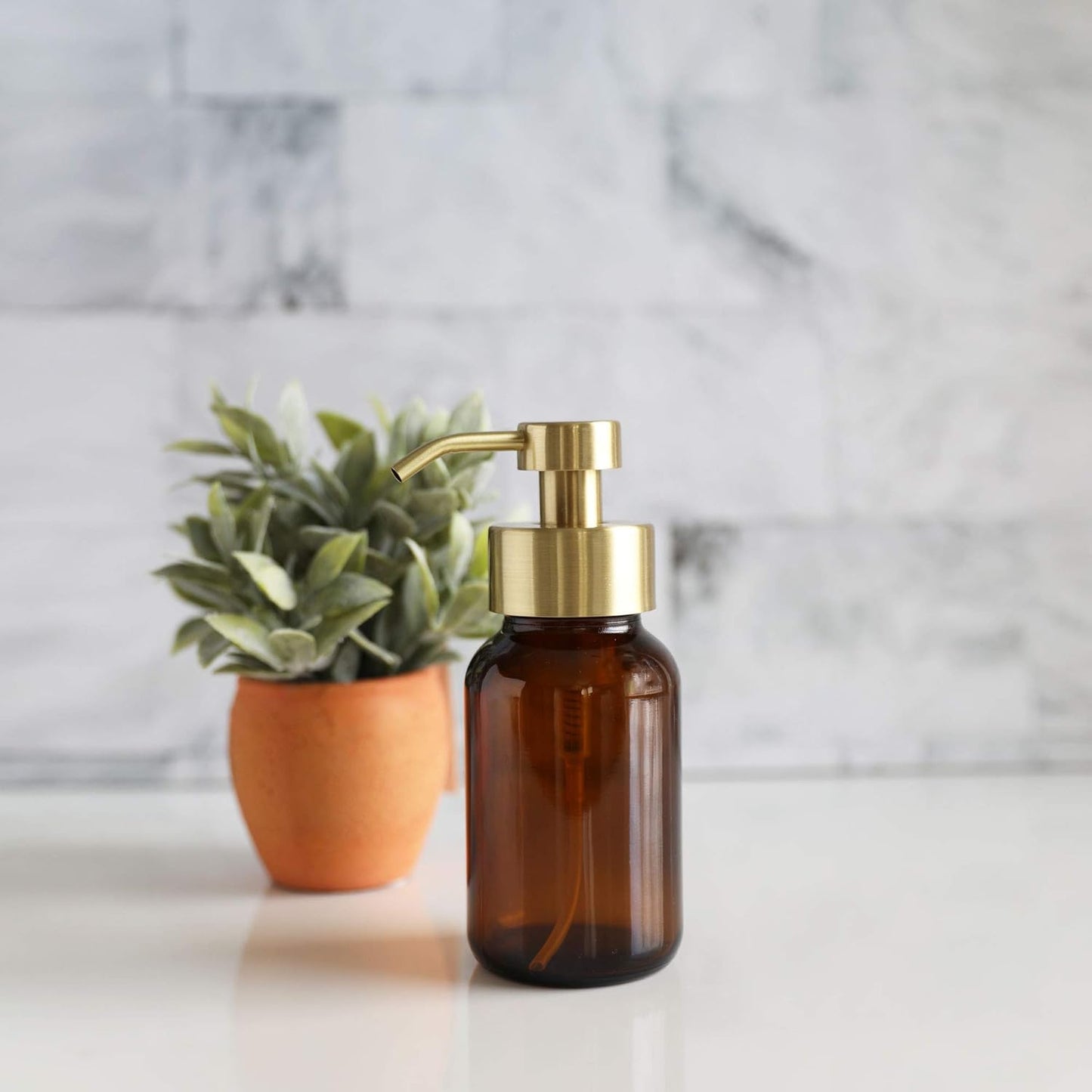 Rail19 Amber Glass Apothecary Foaming Soap Dispenser with Metal Pump - for Kitchen and Bathroom Countertop, 8.5oz (Gold)
