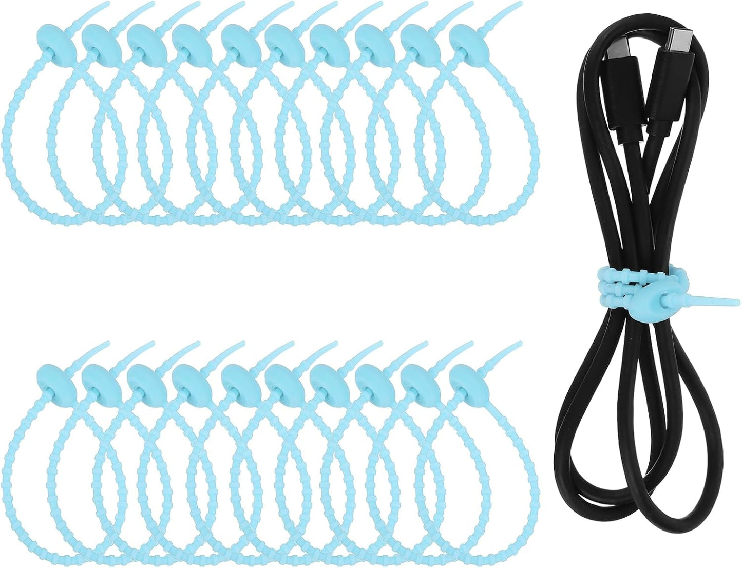 uxcell 20 Pcs Silicone Ties Bag Clip, 8.5 Inch Multi Purpose Silicone Zip Ties Reusable Rubber Zip Tie, Cable Strap Cord Organizer for Home Office Food Bag Wires Cables, Light Blue