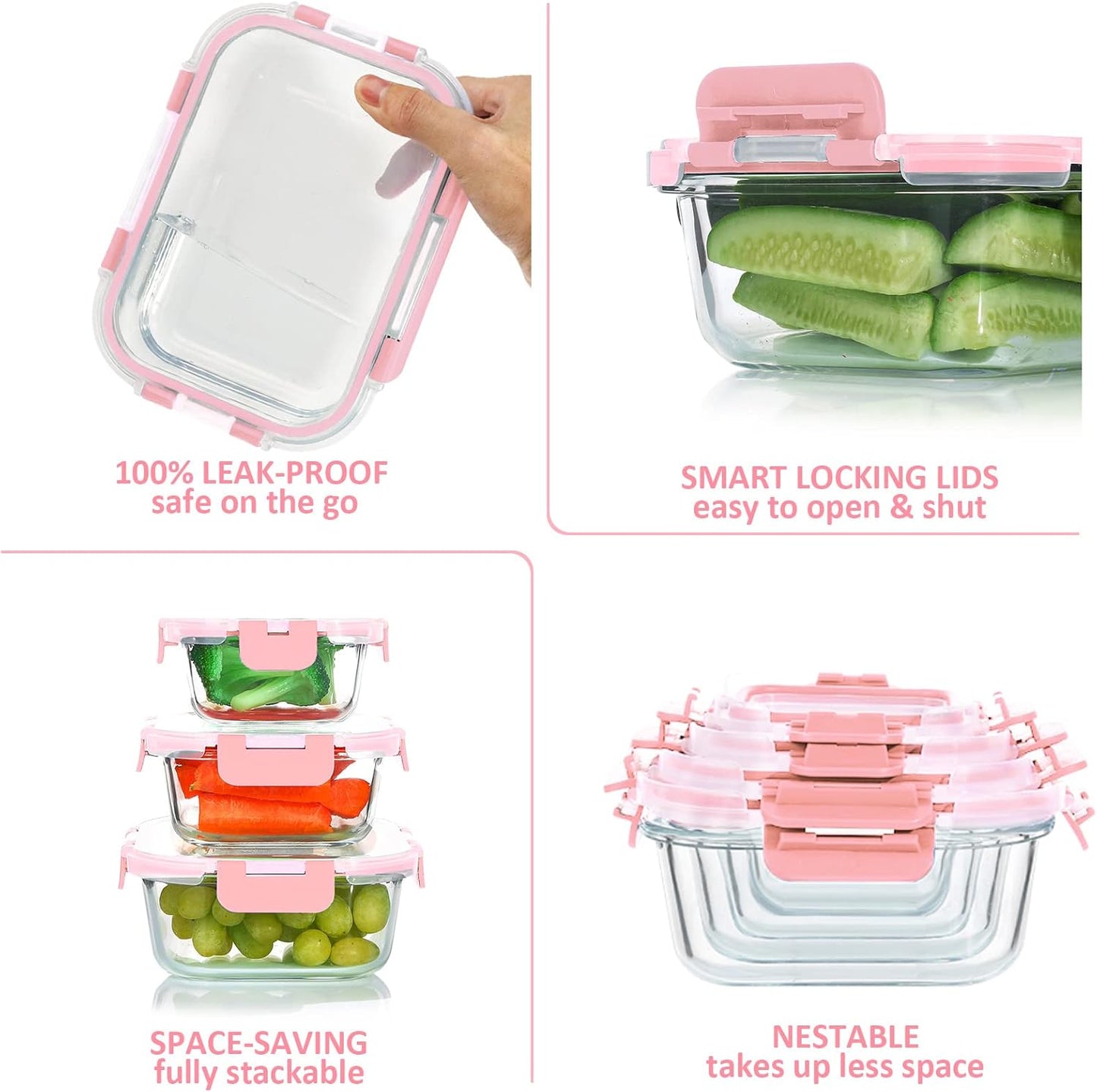 KOMUEE 24 Pieces Glass Food Storage Containers Set, Meal Prep Containers-Stackable Airtight Glass Storage Containers with lids,Freezer, Microwave, Oven Safe,Pink