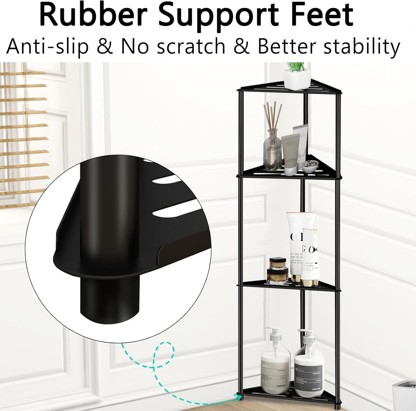 Standing Corner Shower Caddy, 4 Tier Stainless Steel Organizer Stand, Rustproof Shelves for Inside Shower, Black