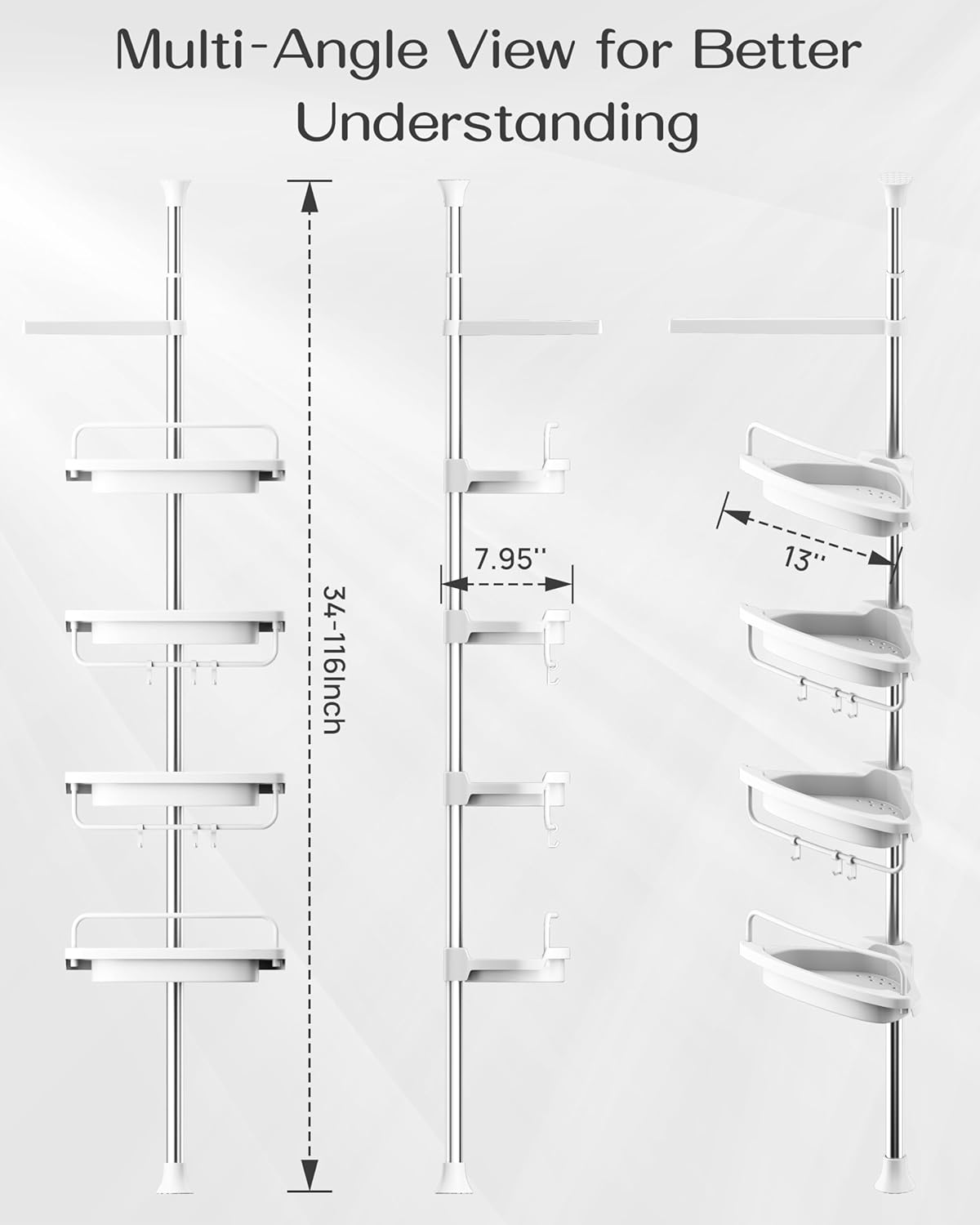 ALLZONE Rustproof Shower Caddy Corner for Bathroom, Tension Corner Shower Caddy Tension Pole, Solid Shower Organizer with 4 Adjustable Shower Shelves, Shower Rack Fit Heights 34 to 116 Inches,White