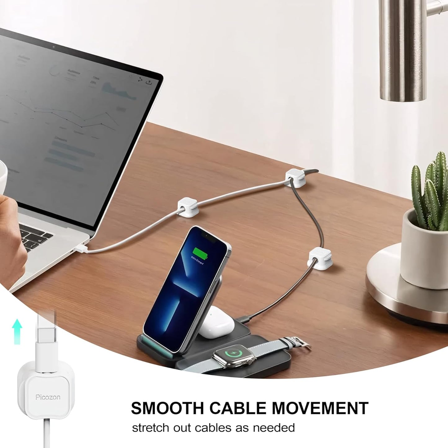 48 Pack Magnetic Cable Clip Organizer Cord Holder, Picozon Adhesive Cable Management, Wire Phone USB Charger Cable Holder, Keeper Organizer for Office Home Desktop Table - White