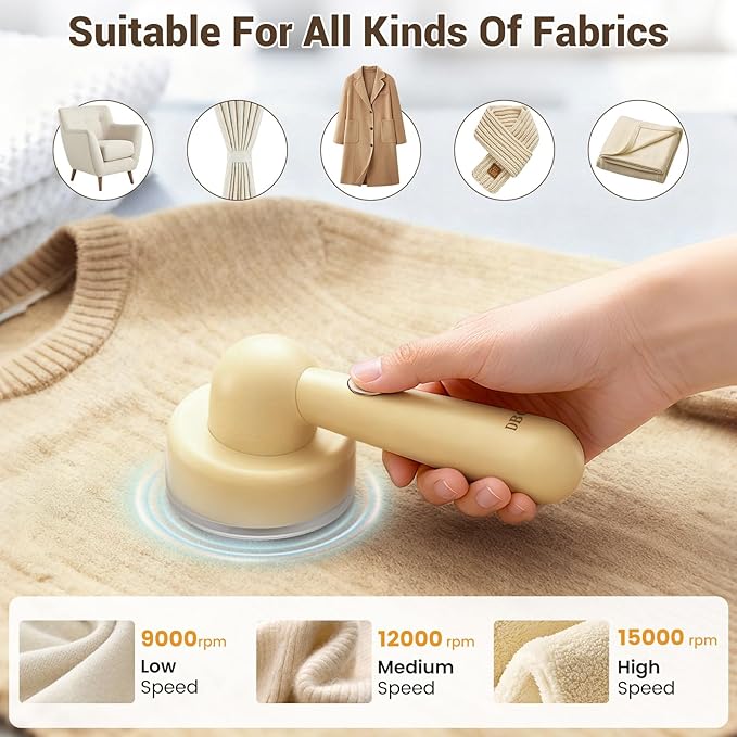 DBC Fabric Shaver and Lint Remover, Sweater Defuzzer with 3-Speeds, 2 Replaceable Stainless Steel Blades, Remove Fuzz Balls and Pills on Clothes, Sweater