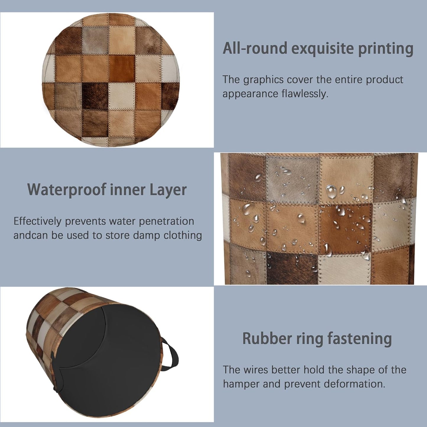 Vintage Cowhide Laundry Basket,Oxford Cloth Laundry Hamper with Handle Foldable Portable Clothes Storage Basket for Bathroom Bedroom Dorm Room 16" x 20.8"