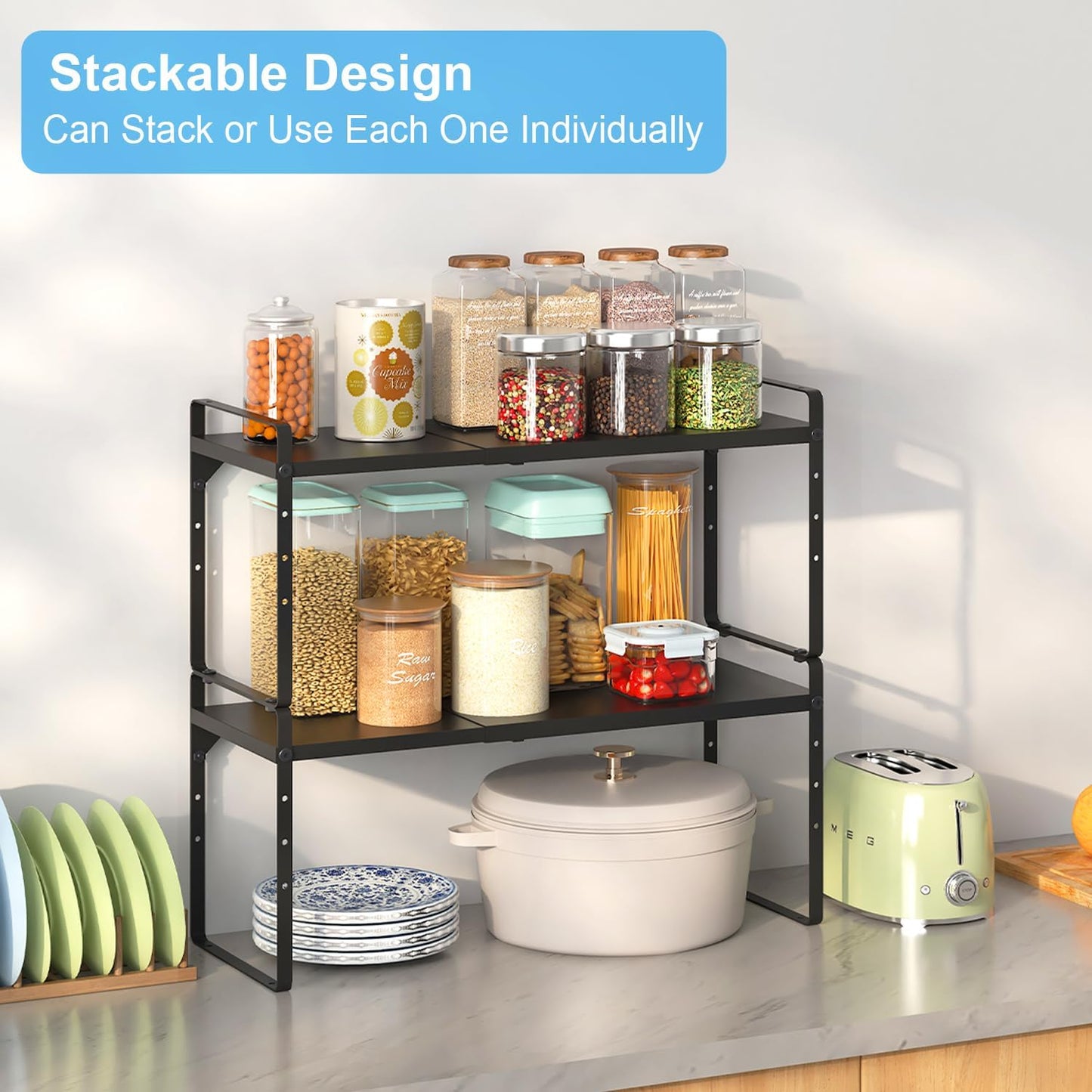 15.5 to 25.5 Inch Kitchen Cabinet Shelf Organizers, Adjustable Kitchen Counter Shelf Organizer, Set of 4 Expandable Countertop Storage Shelves, Stackable Design, 30LBS Heavy Duty, Space Saver