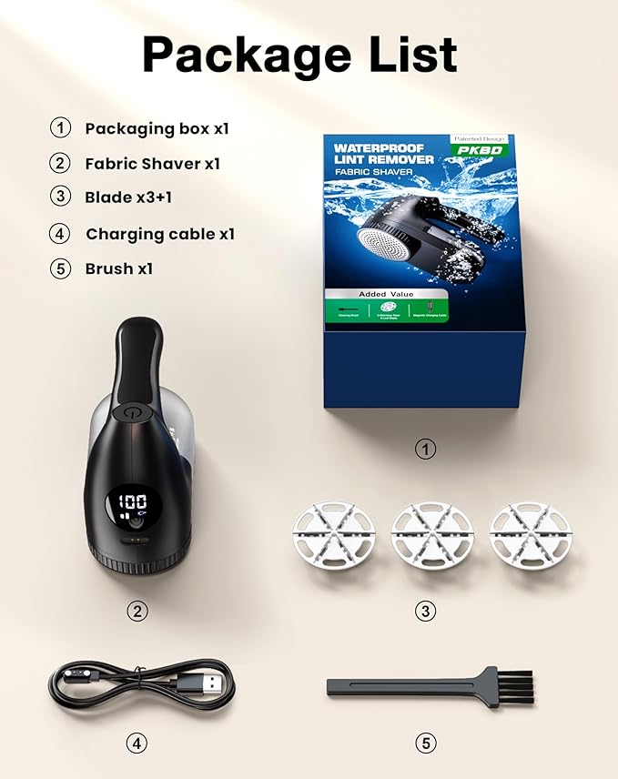 IPX6 Waterproof Washable Electric Fabric Shaver and Lint Remover, Rechargeable Sweater Defuzzer with 3 Free Extra Blades, Quickly and Effectively Remove Fluff,Fuzz,Bobbles for Clothes, Dark Black