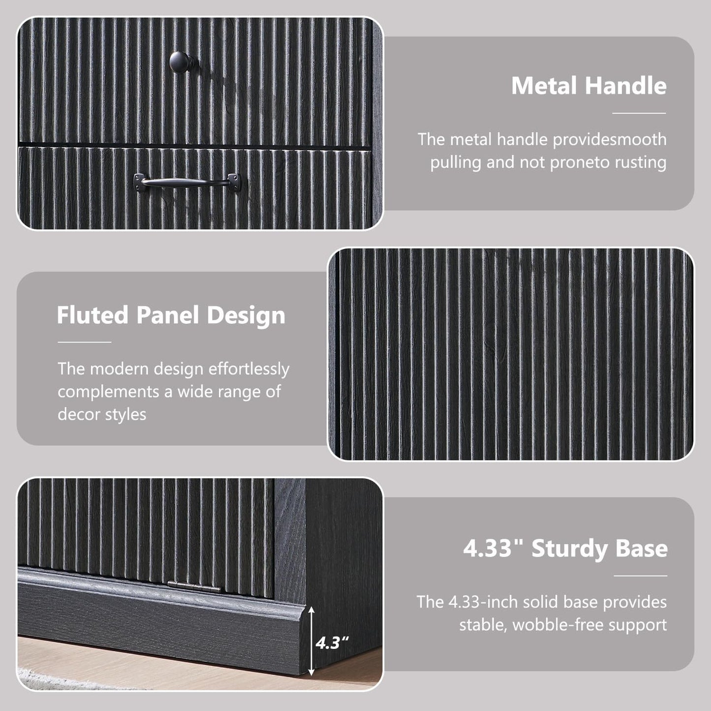 Modern Double Tilt-Out Laundry Hamper Cabinet, 20 Gallon Fluted Trash Can Cabinet w/2 Drawers, Wooden Hidden Garbage Can Cabinets w/Laundry Basket, Free Standing for Bathroom and Kitchen, Grey