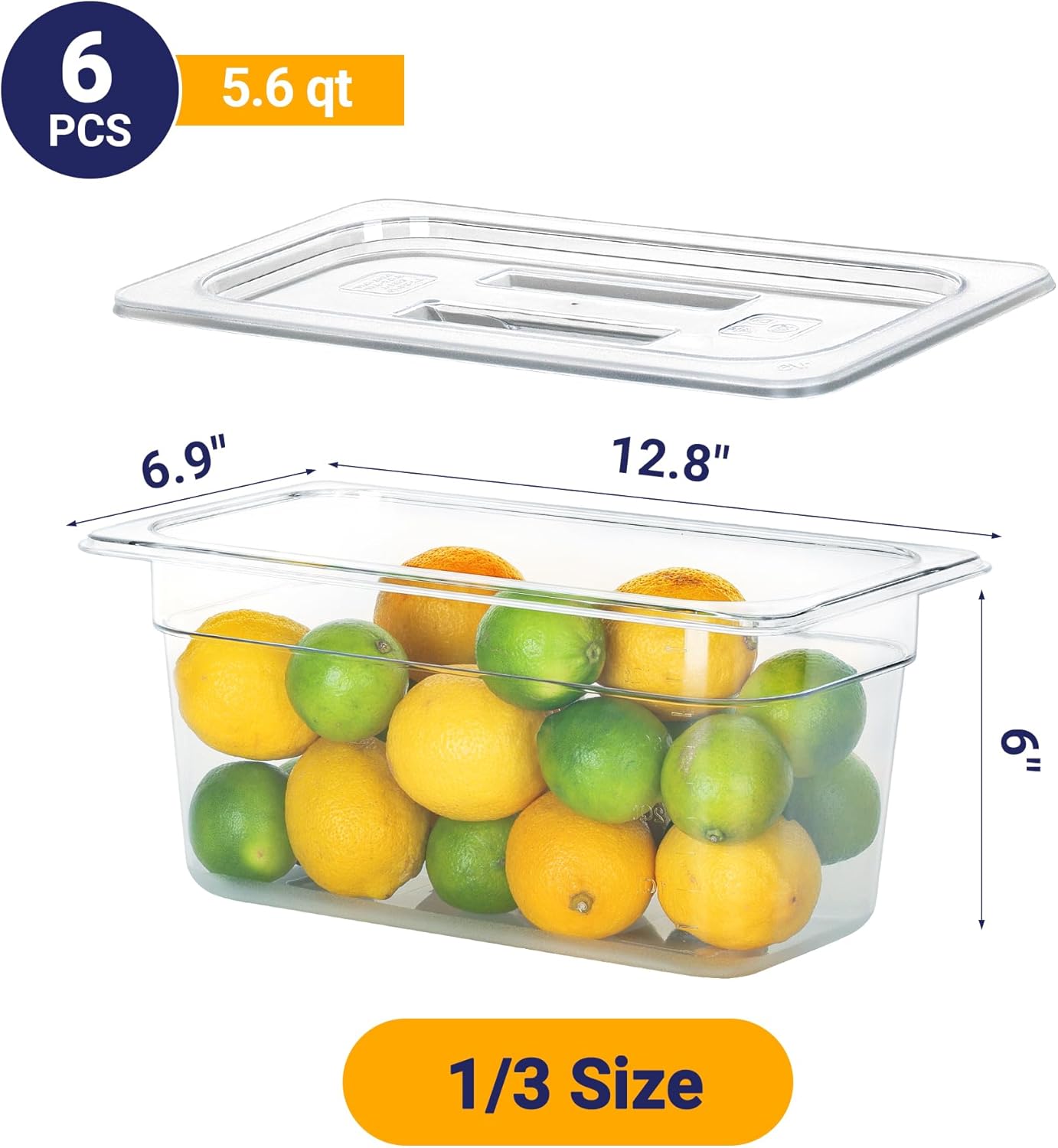 6 Pack NSF Food Pans with Lids, 1/3 Size 6'' Deep Commercial Food Storage Containers, Polycarbonate, Clear