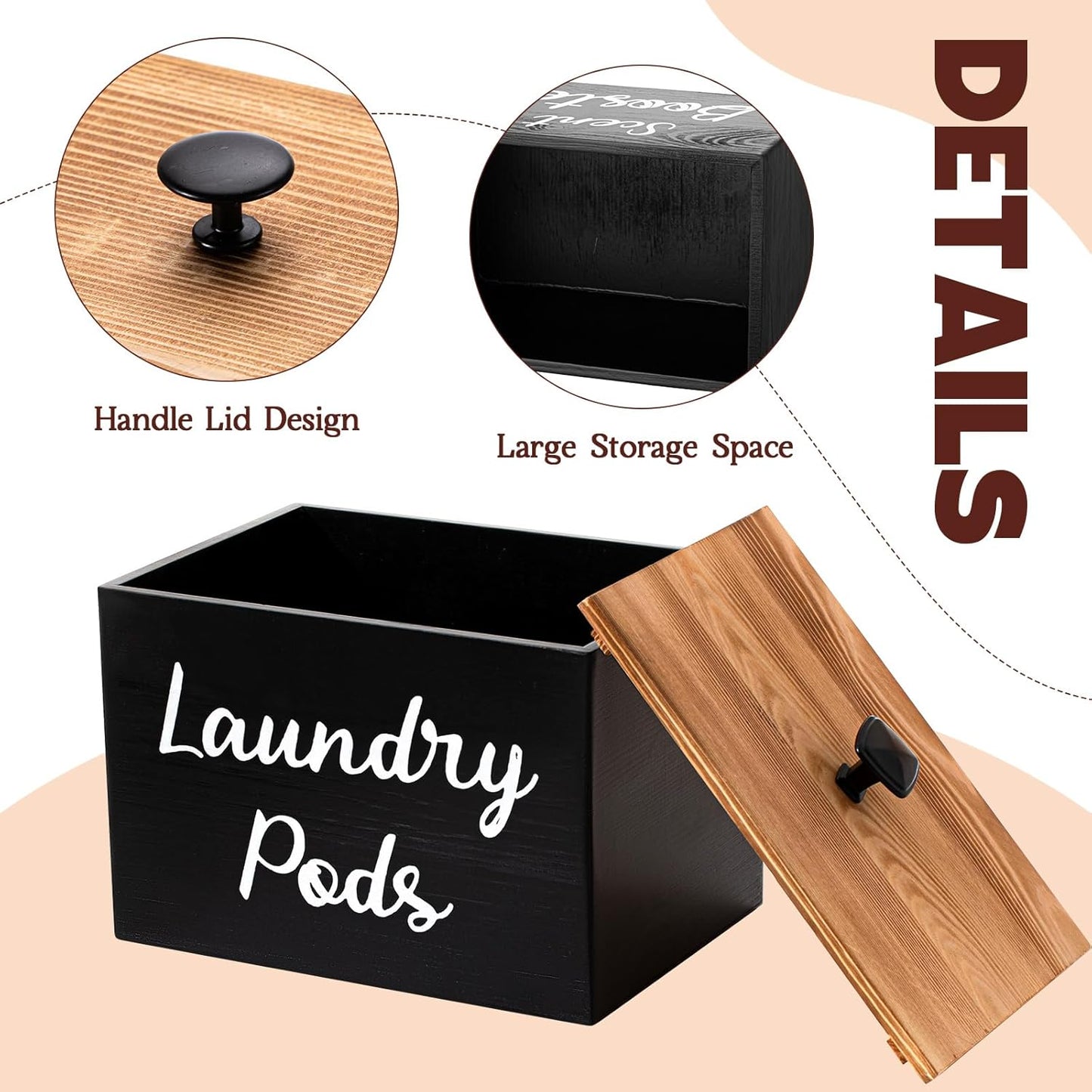 Dandat 3 Pcs Dryer Sheet Holder Laundry Pod Holder Scent Booster Container Set with Scoop Rustic Wood Dryer Sheet Container Laundry Beads Dispenser for Storage(Black)