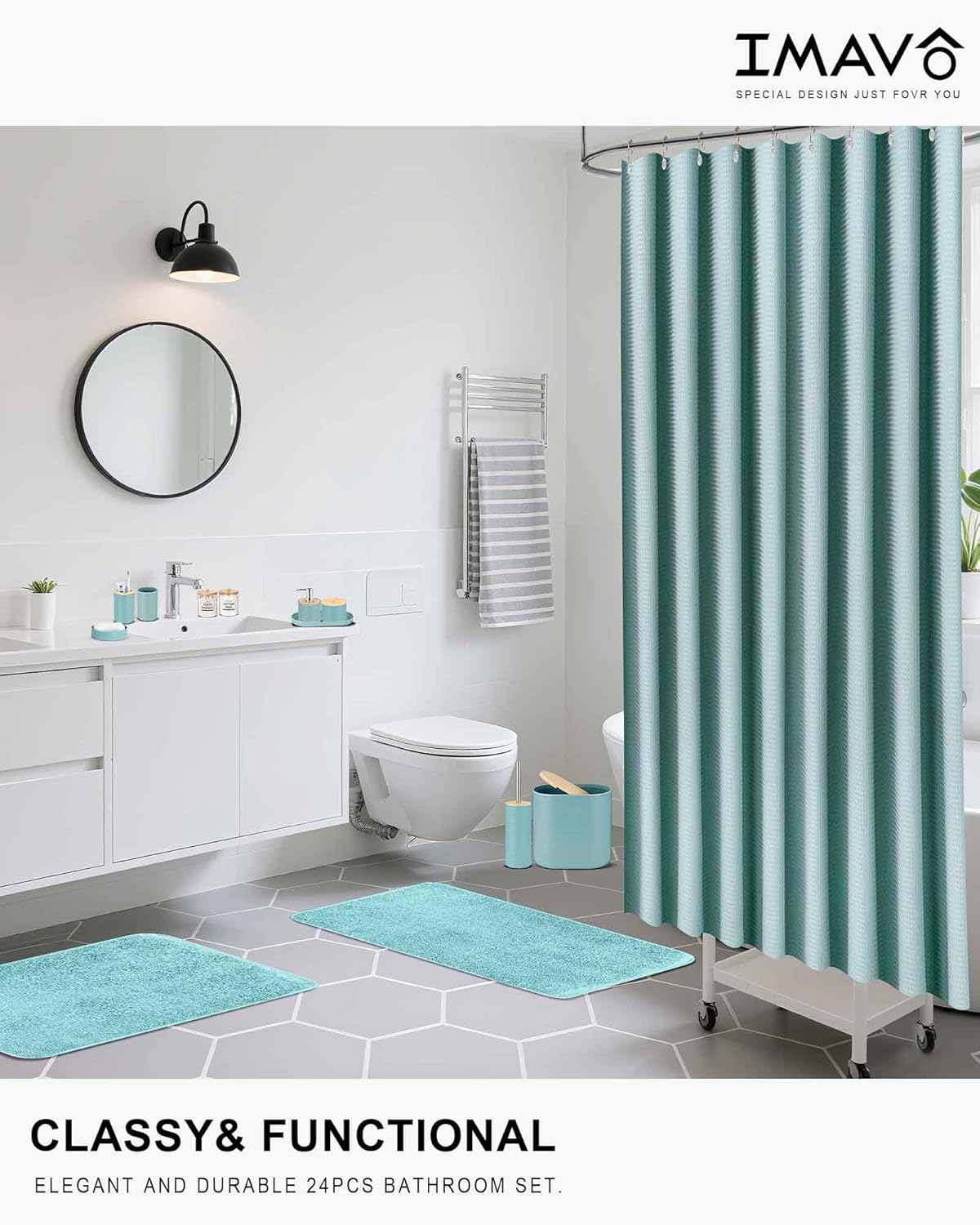 IMAVO Blue Bathroom Set,26Pcs Bathroom Accessories Set with Waffle Shower Curtain,Rugs,Trash Can,Tray,Soap Dispenser,Soap Dish,Toothbrush Holder,Toothbrush Cup,Toilet Brush Holder and Qtip Holders