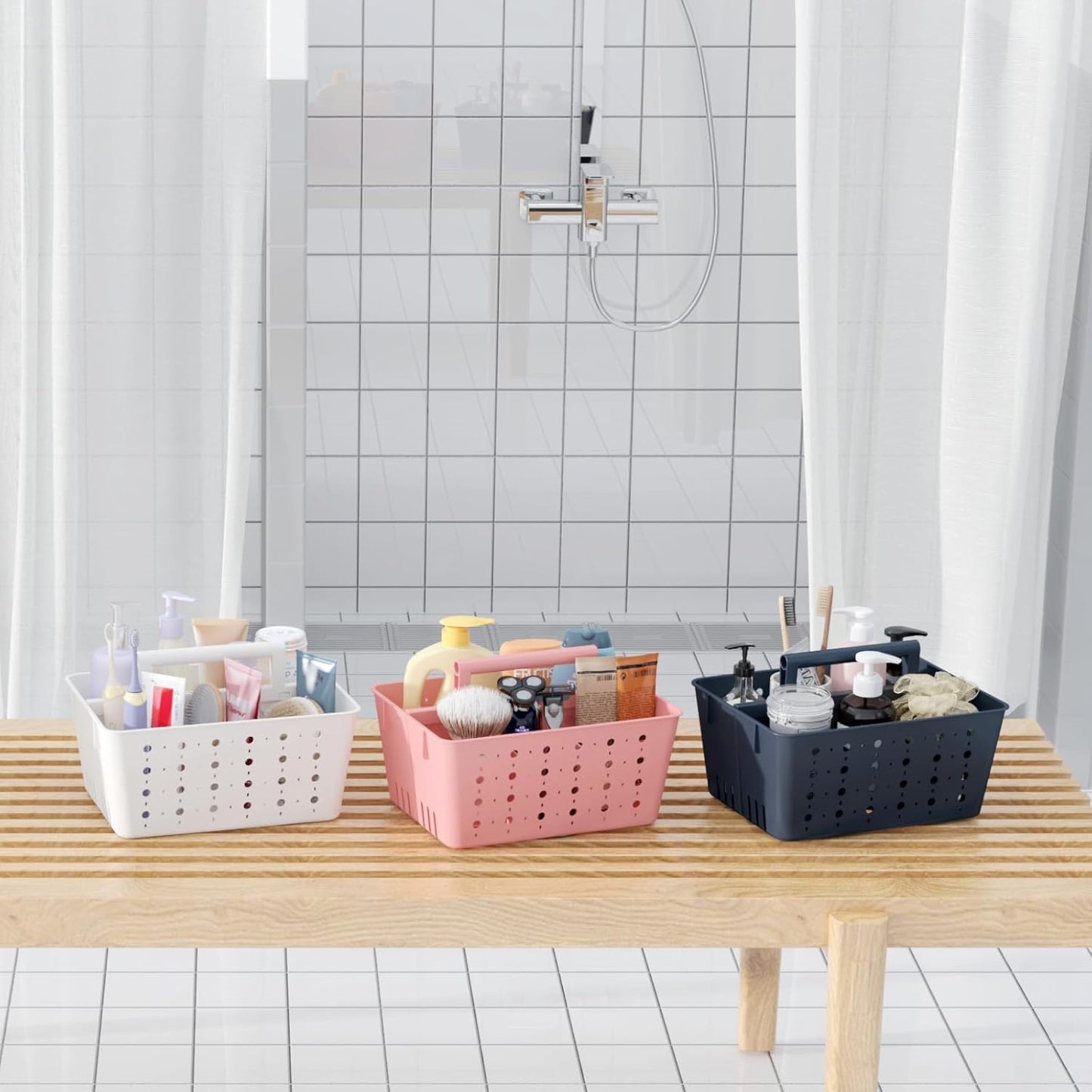 Lifewit Portable Shower Caddy with Handle, 1 Pcs Plastic Shower Caddy Dorm with Holes, Clean Organizer Basket for Bathroom, College, Dorm Room Essentials, Pink