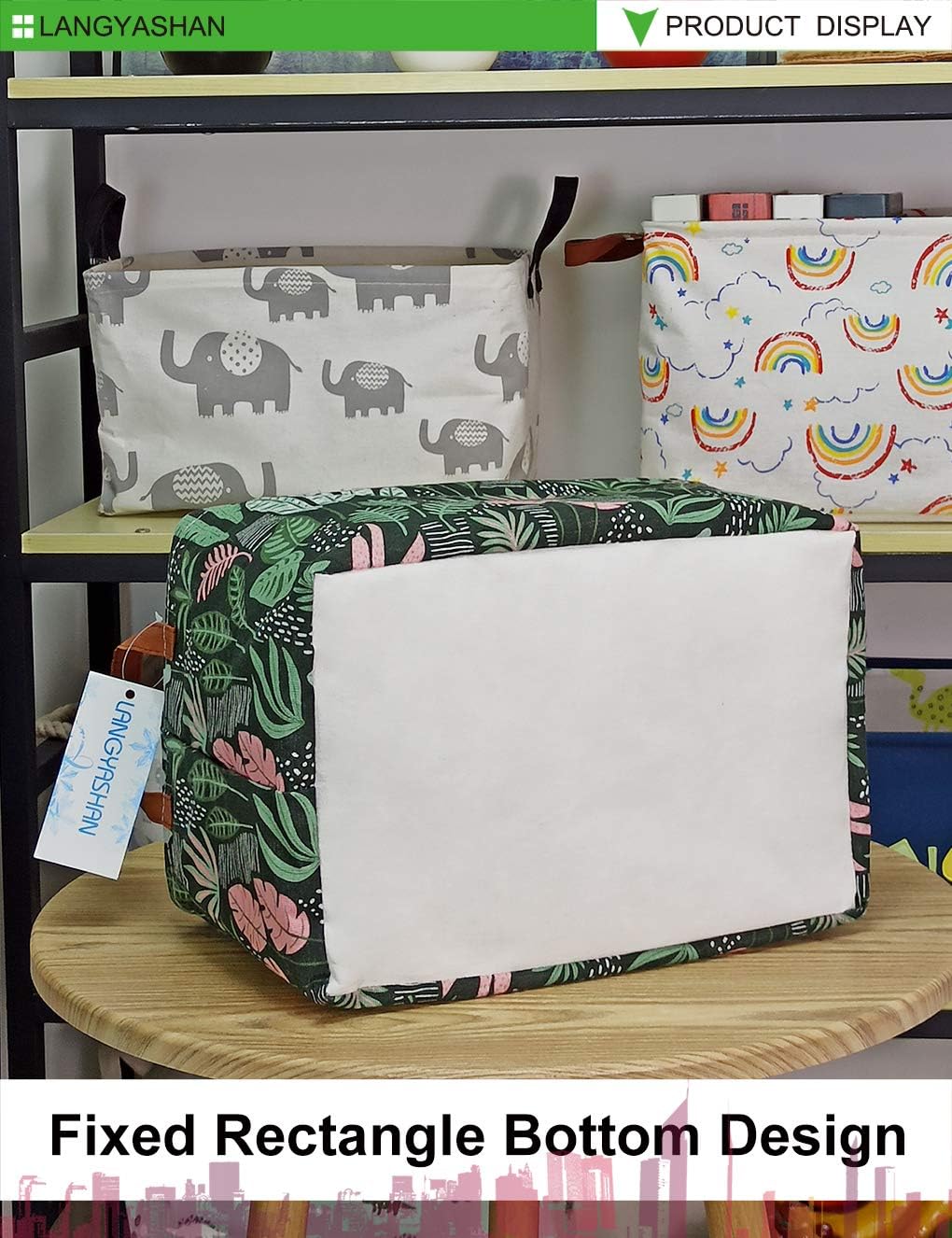 LANGYASHAN Rectangular Storage Bin Collapse Canvas Fabric Cartoon Storage Basket with Handles for Organizing Home Kitchen Boys and Girls Toys Office Closet Shelf Baskets(Rec Full Leaf)