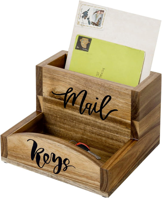 MyGift Premium Acacia Solid Wood Mail Holder and Key Organizer, Entryway Storage Tray or Office Desktop Organizing Bin with Black Cursive Lettering Labels
