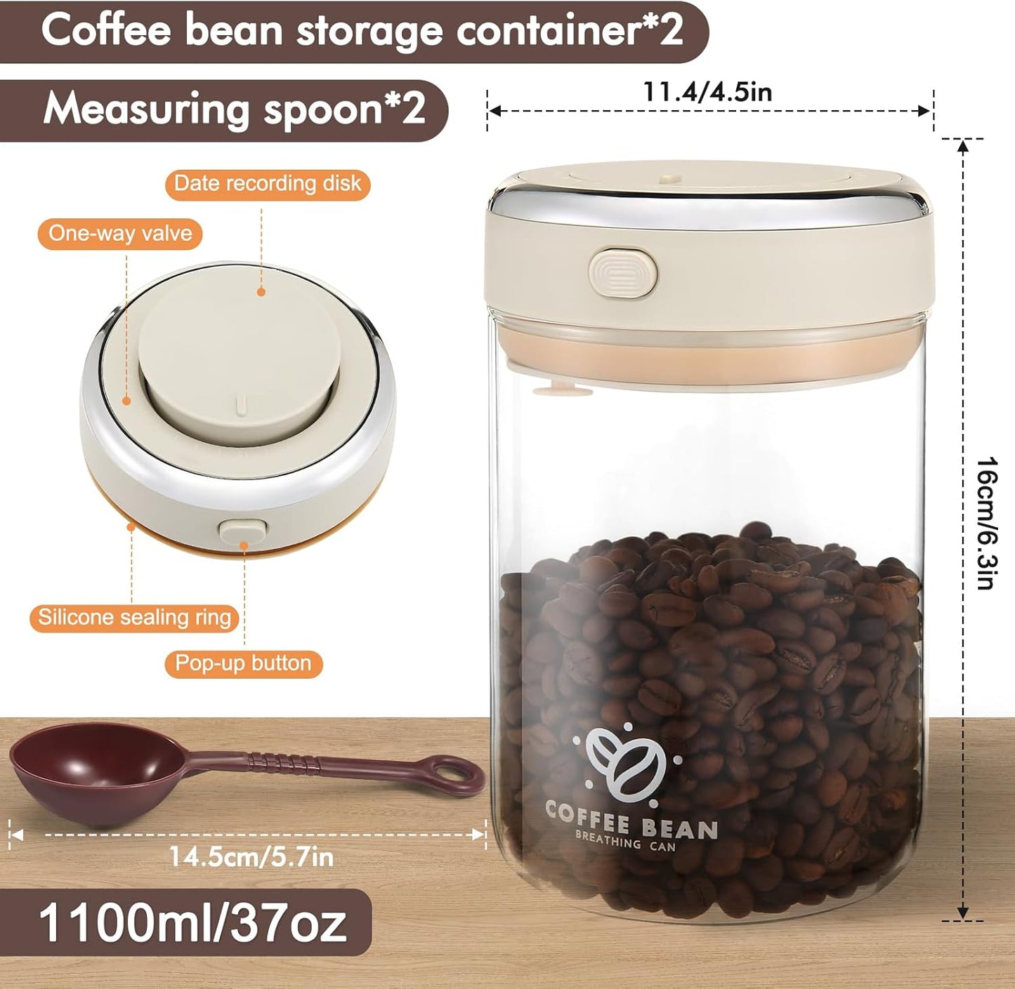 2 Pack 37oz Coffee Bean Storage Container with Scoop Glass Airtight Coffee Canister with One-Way Valve Airtight Lid Date Tracker Storage Container for Grounds Beans Tea Cereal Sugar Flour Cookies