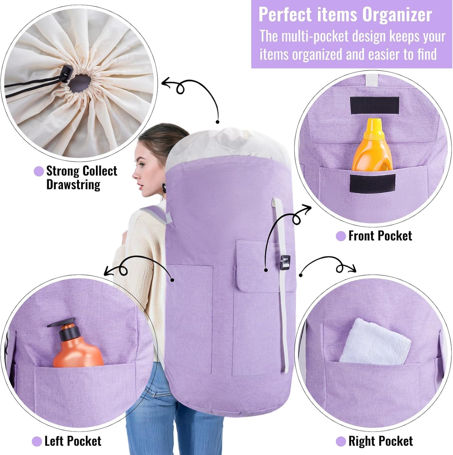 Laundry Bag Backpack, 125L Extra Large Travel with Shoulder Straps, Adjustable & Extendable Design, Laundry Hamper Bag with 3 Pockets for Laundromat, College, Travel, Camping (Purple)