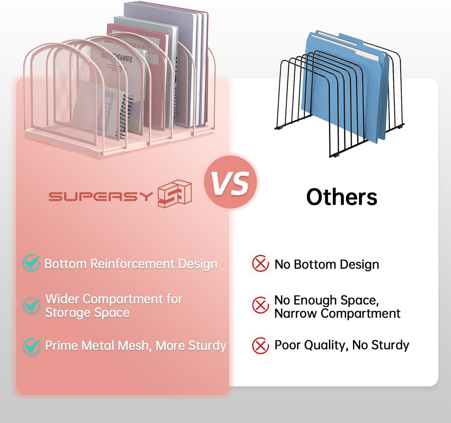 SUPEASY File Organizer - 5-Section Mesh Desktop File Sorter, Upright File Folder Holder for Office Supplies, Pink