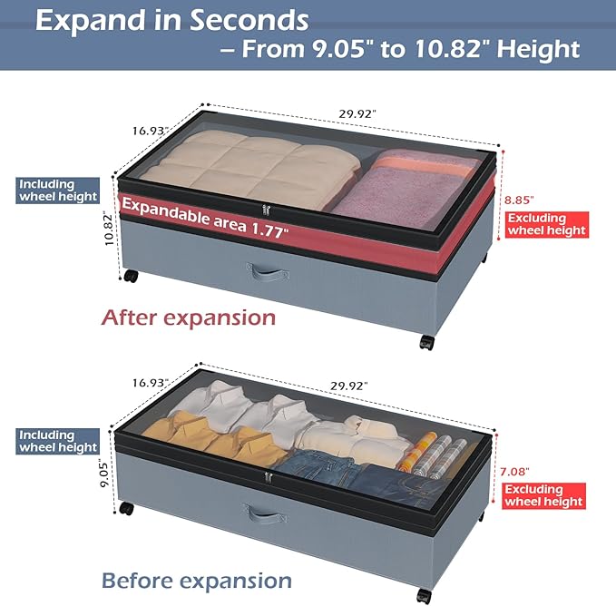 Underbed Storage Containers with Wheels and Lid Expandable Shoe Rolling Storage Bin Adjustable 9.8-10.6 Inch Height Under Bed Drawers for Dorm, Clothes, Blankets, Housewarming Gift 2 Pack Grey