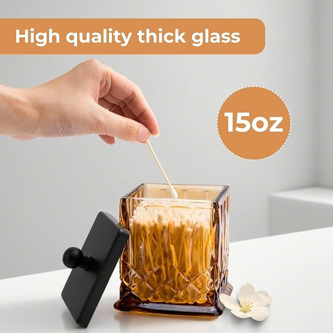 Qtip Holder,15Oz Amber Glass Apothecary Jars with Matte Black Lids for Bathroom Organization & Desk Storage,Thick Glass Apothecary Jars for Q-Tips,Cotton Rounds,Jewelry,Candy,Square