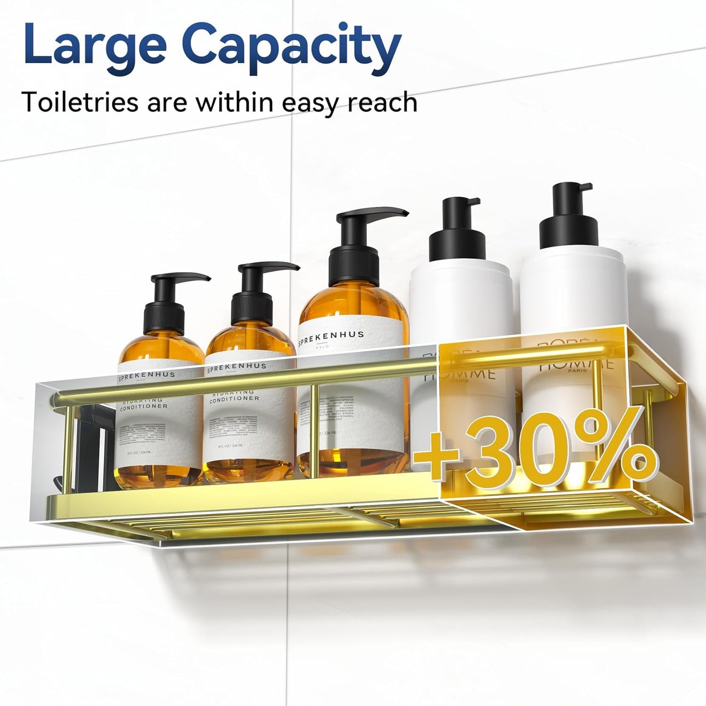 YASONIC Shower Caddy Adhesive, No Drill Bathroom Shower Organizers, with Removable Hooks, Rust Proof Shower Shelves, Wall-Mounted Shower Holder, 2 Pack Gold