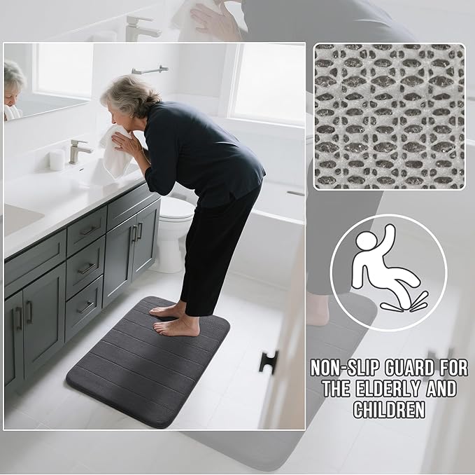 Yimobra Memory Foam Bath Mat, Super Soft Absorbent Bathroom Rug Non Slip, Quick Dry, Machine Washable Floor Carpet for Tub Shower, Home Decor Accessories, 24x17, Dark Gray