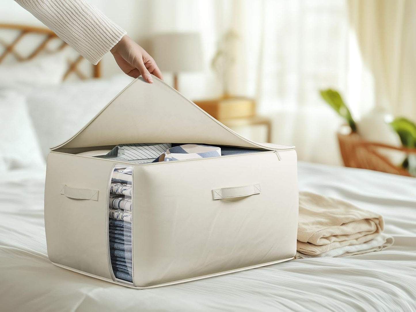 Large Canvas Clothes Storage Bags with Thick Handles and Clear Window, Foldable Cotton Linen Closet Organizer for Clothing, Blankets and Bedding, 70L, 2 Pack, Beige