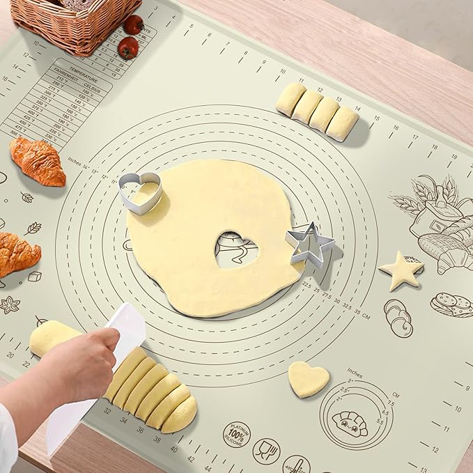 Silicone Baking Mat 24" x 16" Extra Thickness Dough Rolling Mat with Measurements and Edge Heightening, Non-stick Food Grade Silicone Pastry Mat for Pastry, Bread, Cookies, Pizza, Fondant, Pasta