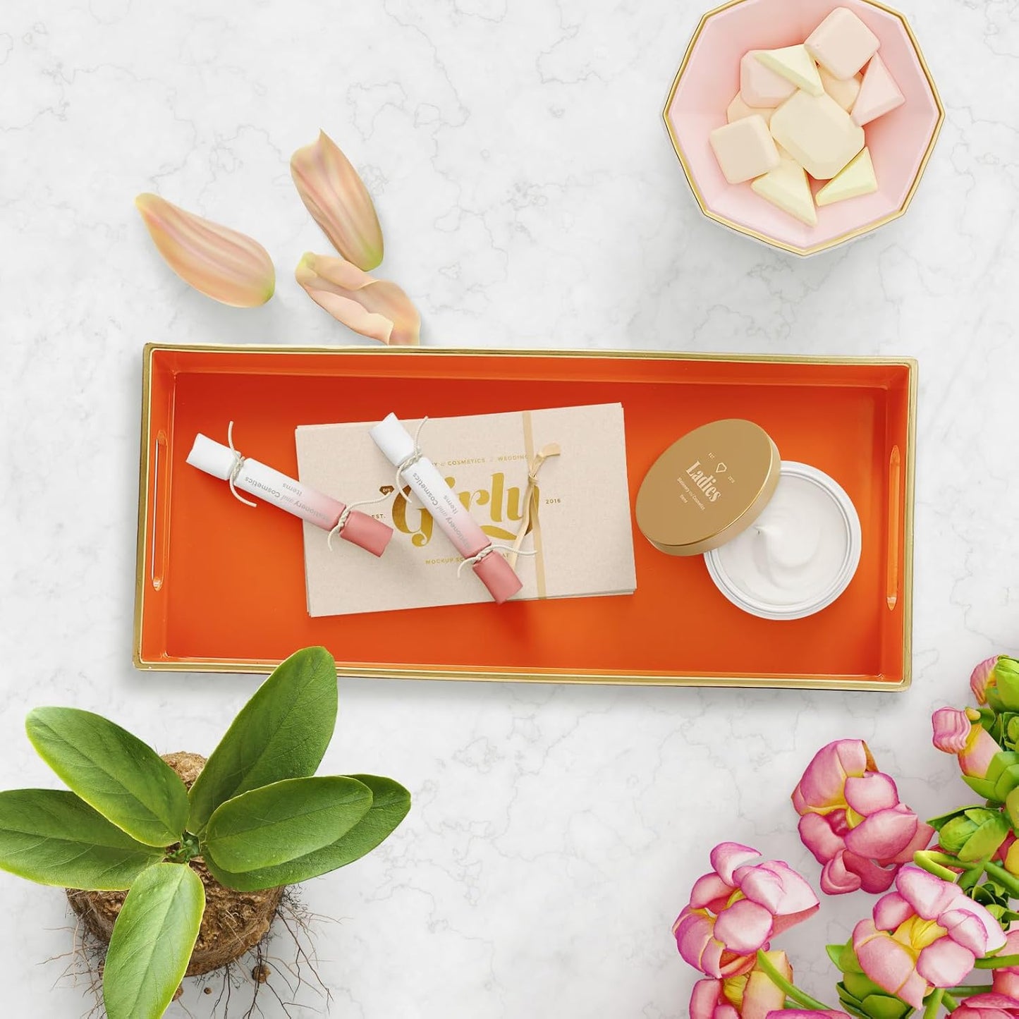 Orange Bathroom Vanity Tray for Countertop, Small Plastic Toilet Tank Versatile Storage & Organization Tray for Makeup, Perfume, Desk, Kitchen, Candles, 13.7"x6"x1.4", 35O