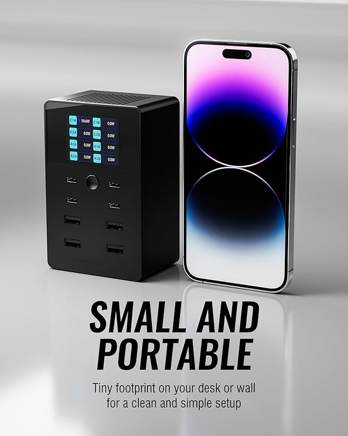 SABRENT 252W USB C Charging Station, 8-Port Desktop Fast PD Charger Block with LCD Power Display for Multiple Devices, Active Cooling – (AX-8PTC)